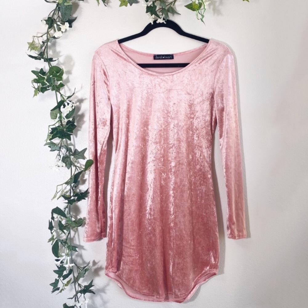 Pink Crushed Velvet Long Sleeve Party Dress